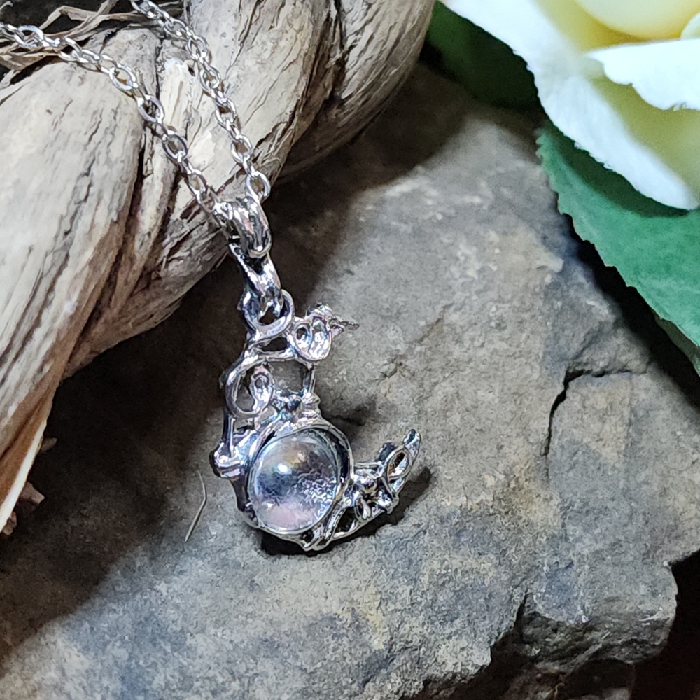 Silver Toned Chain Necklace With Crescent Moonstone Pendant 18"